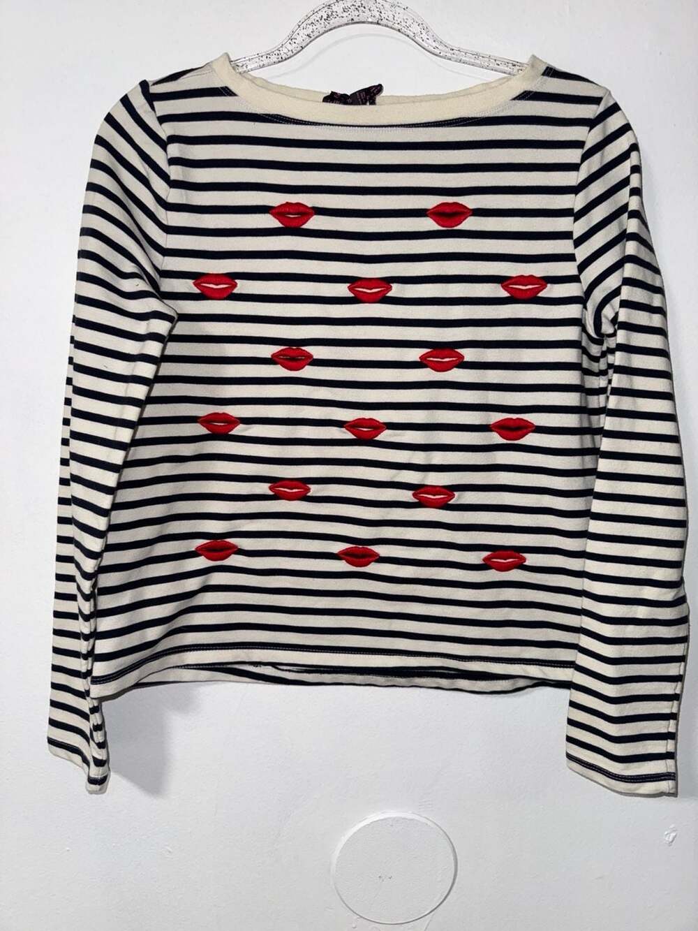 Betsey Johnson Embroidered Kiss Lips Striped Sweater S Womens Pullover